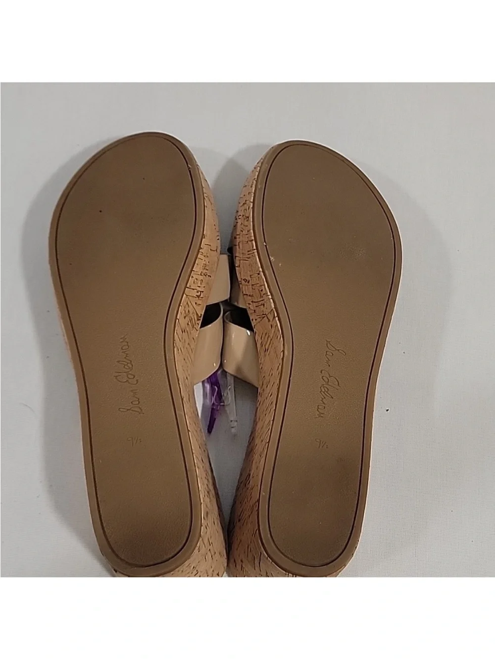 SAM EDELMAN Nude Raynere Patent Leather Cork Wedge Slip On Sandals